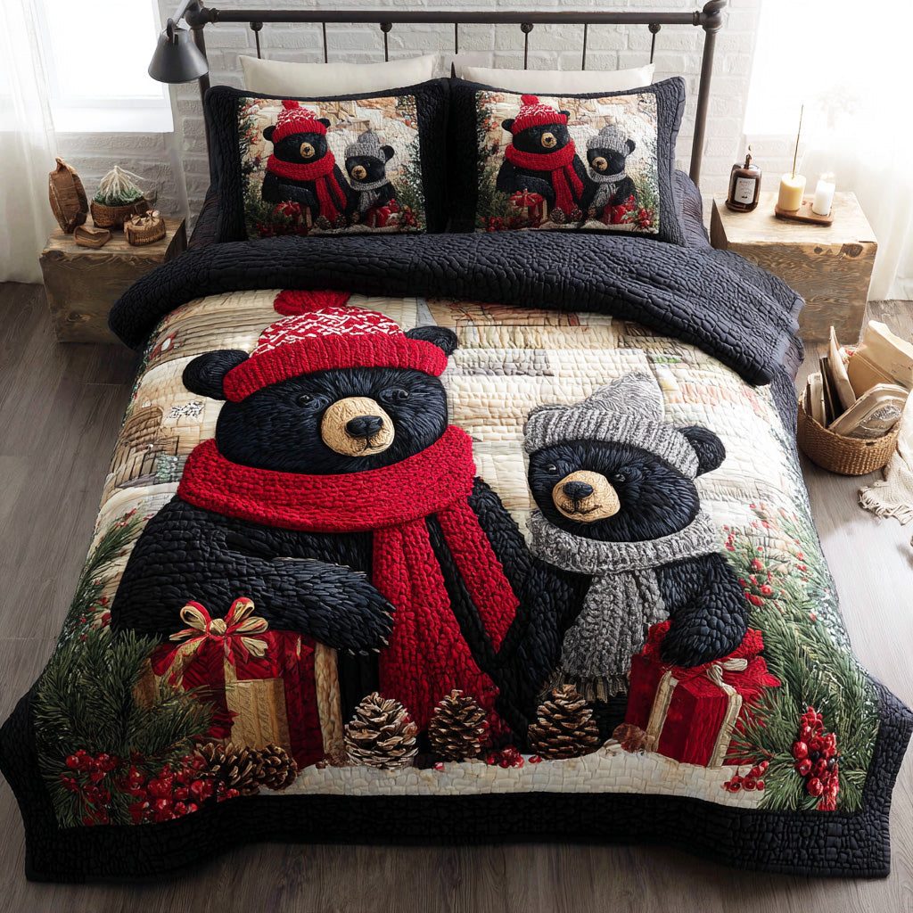 Frost Pine Bear quilted 3-piece bedding set on a made bed in a winter-styled bedroom
