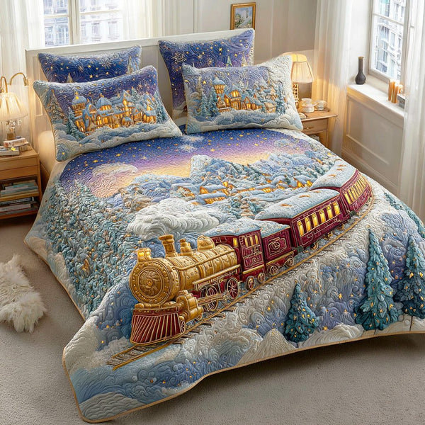 Frost Rail Journey quilted 3-piece bedding set on a made bed in a winter-styled bedroom