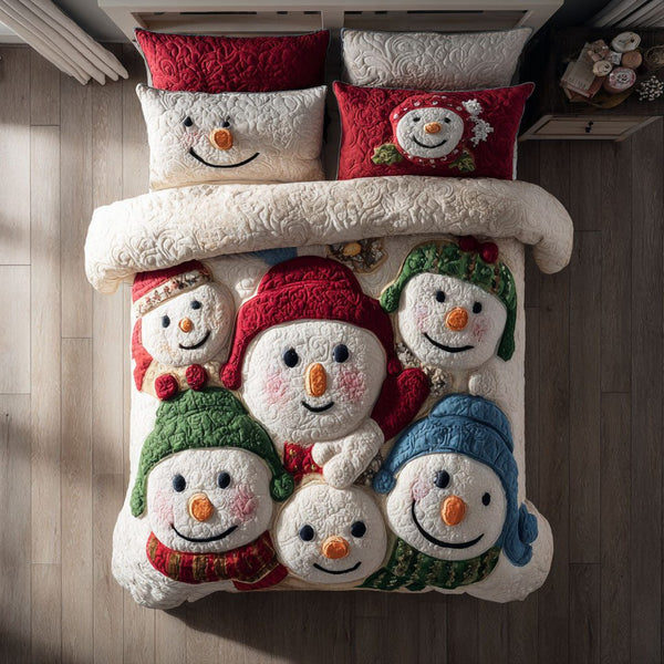 Frost Smile quilted 3-piece bedding set on a made bed in a winter-styled bedroom