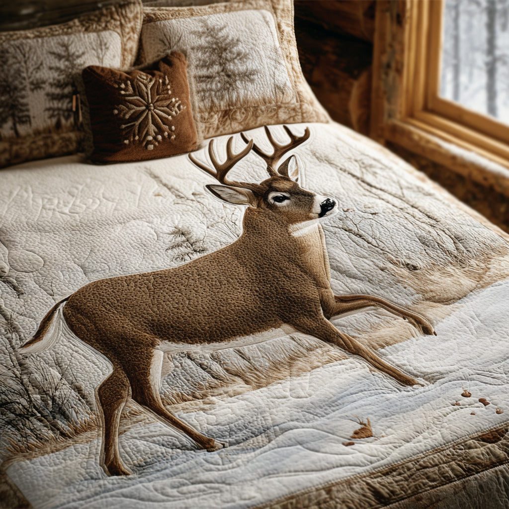 Frost Valley Deer quilted 3-piece bedding set on a made bed in a winter-styled bedroom