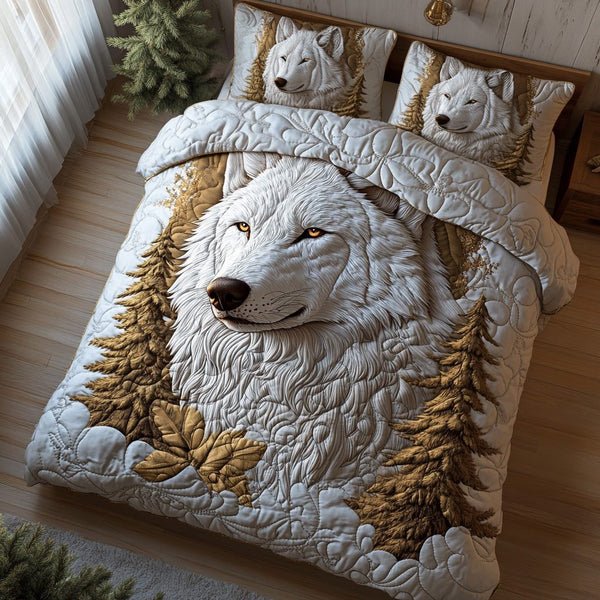 Frost Wolf quilted 3-piece bedding set on a made bed in a winter-styled bedroom