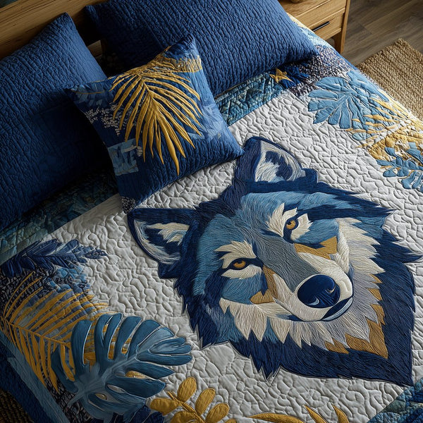 Frost Wolf quilted 3-piece bedding set on a made bed in a winter-styled bedroom