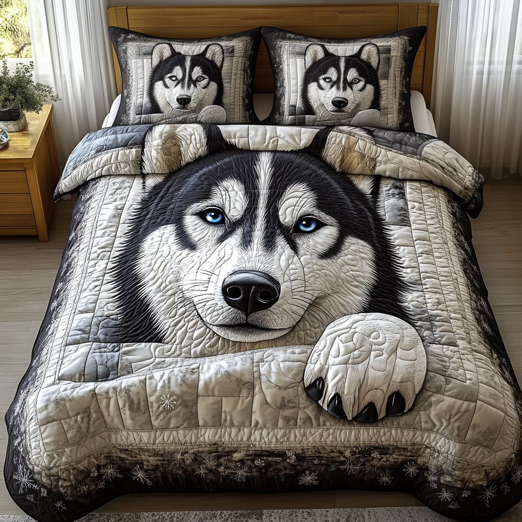Frostbite Chase quilted 3-piece bedding set on a made bed in a winter-styled bedroom