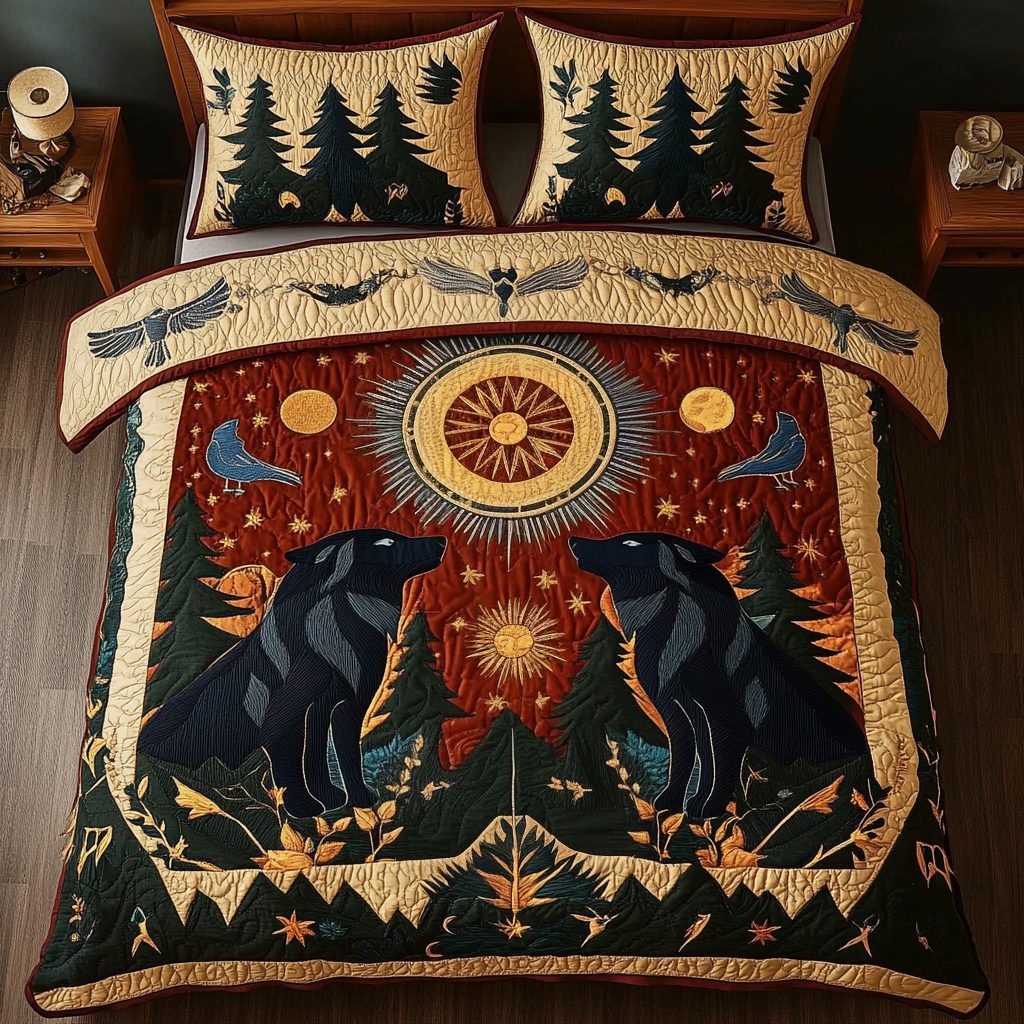 Frostborn Howl quilted 3-piece bedding set on a made bed in a winter-styled bedroom