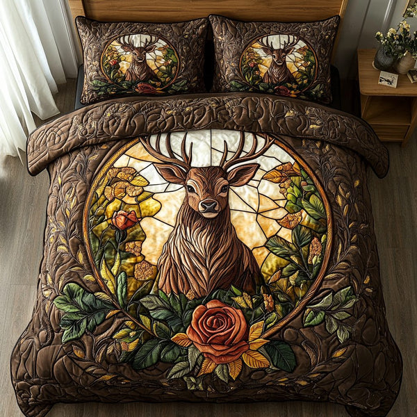 Frosted Antlers quilted 3-piece bedding set on a made bed in a winter-styled bedroom