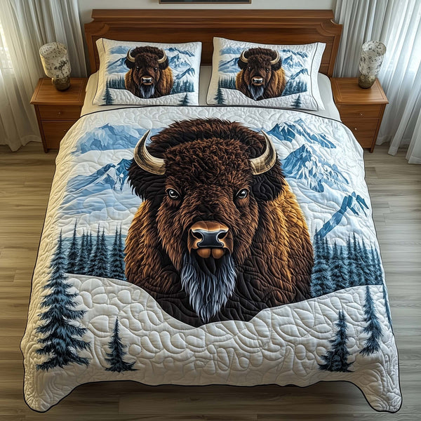 Frosted Bison quilted 3-piece bedding set on a made bed in a winter-styled bedroom