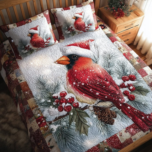 Frosted Cardinal Dream quilted 3-piece bedding set on a made bed in a winter-styled bedroom