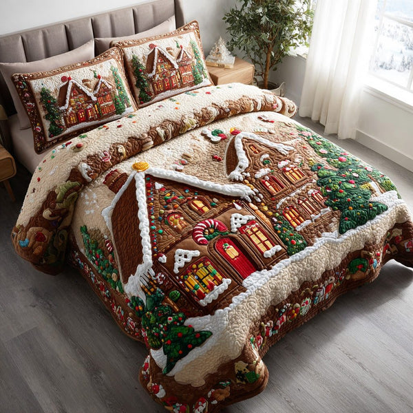 Frosted Cookie Town quilted 3-piece bedding set on a made bed in a winter-styled bedroom