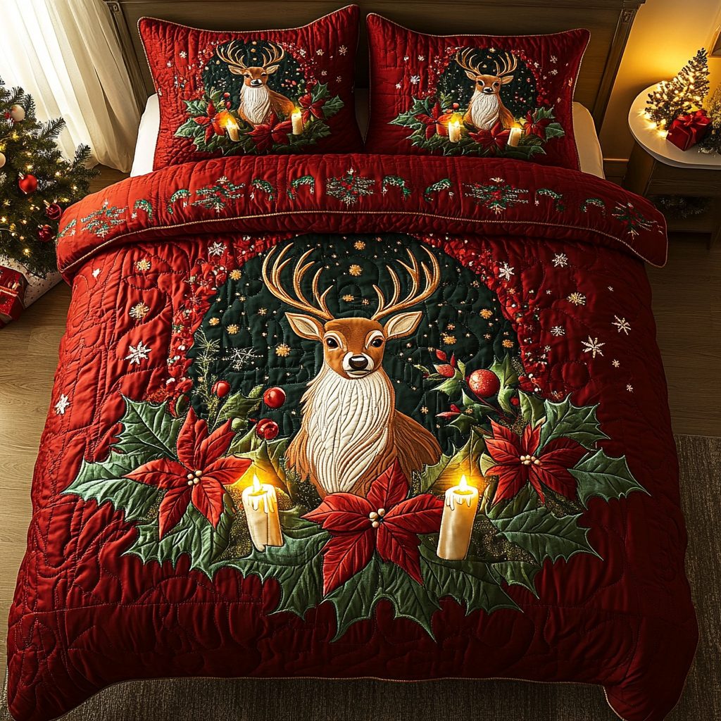 Frosted Doe quilted 3-piece bedding set on a made bed in a winter-styled bedroom