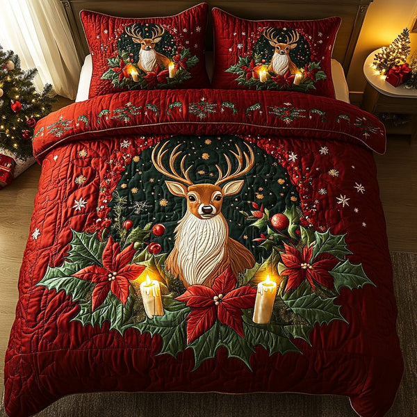 Frosted Doe quilted 3-piece bedding set on a made bed in a winter-styled bedroom