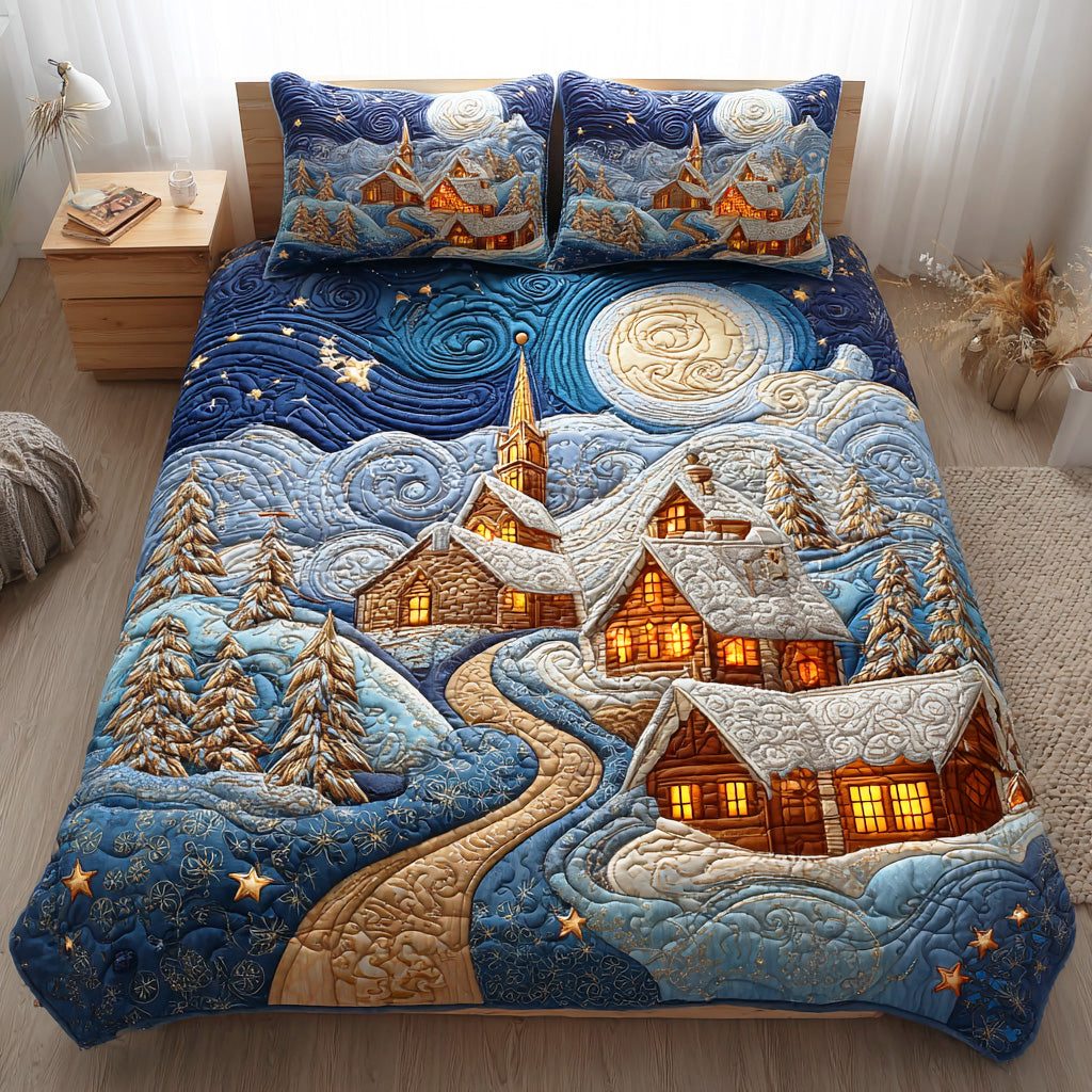 Frosted Dreamland quilted 3-piece bedding set on a made bed in a winter-styled bedroom