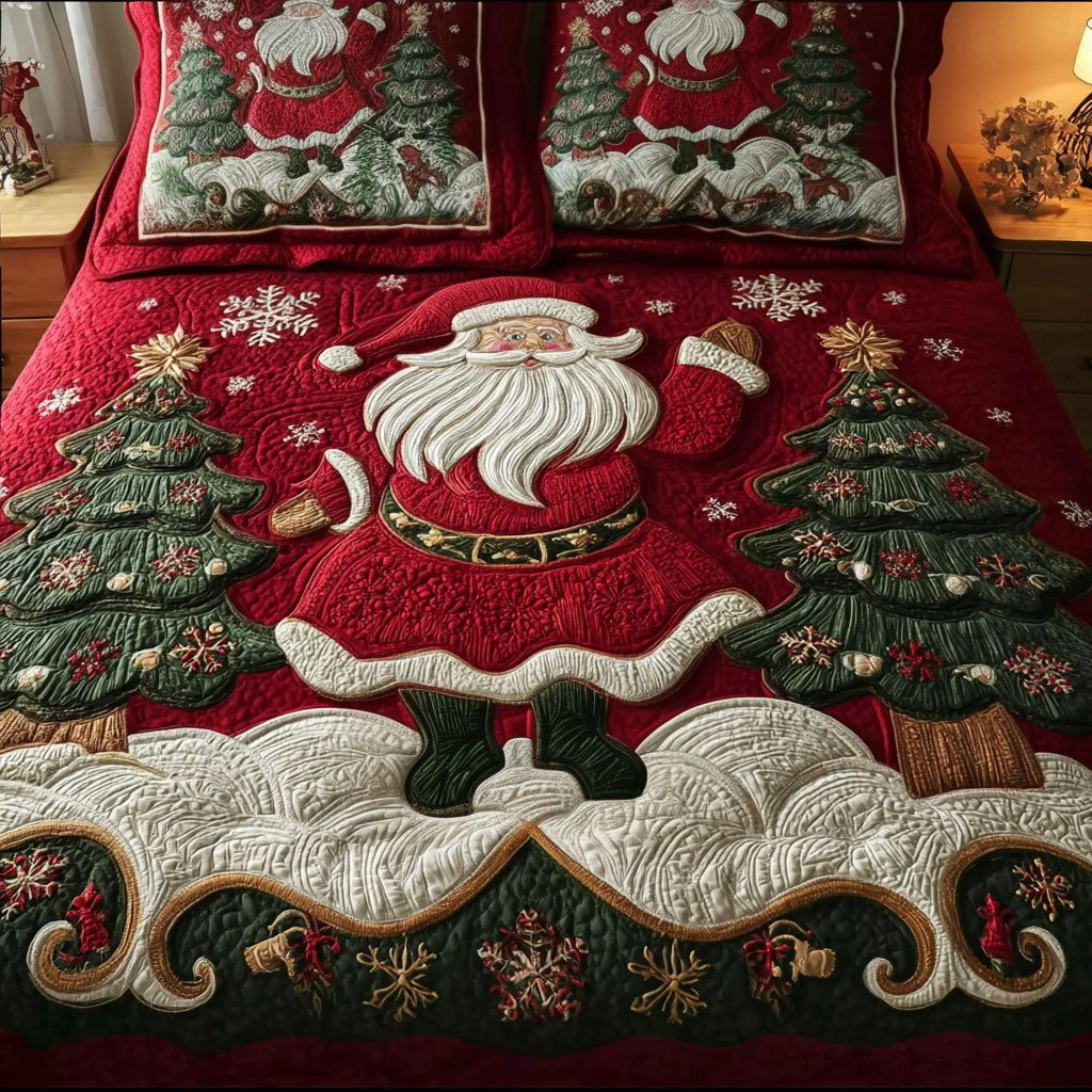 Frosted Evergreen Joy quilted 3-piece bedding set on a made bed in a winter-styled bedroom