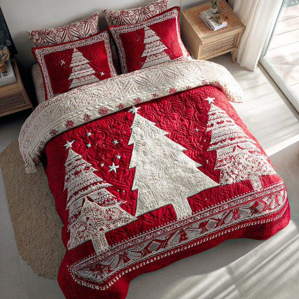 Frosted Evergreen quilted 3-piece bedding set on a made bed in a winter-styled bedroom