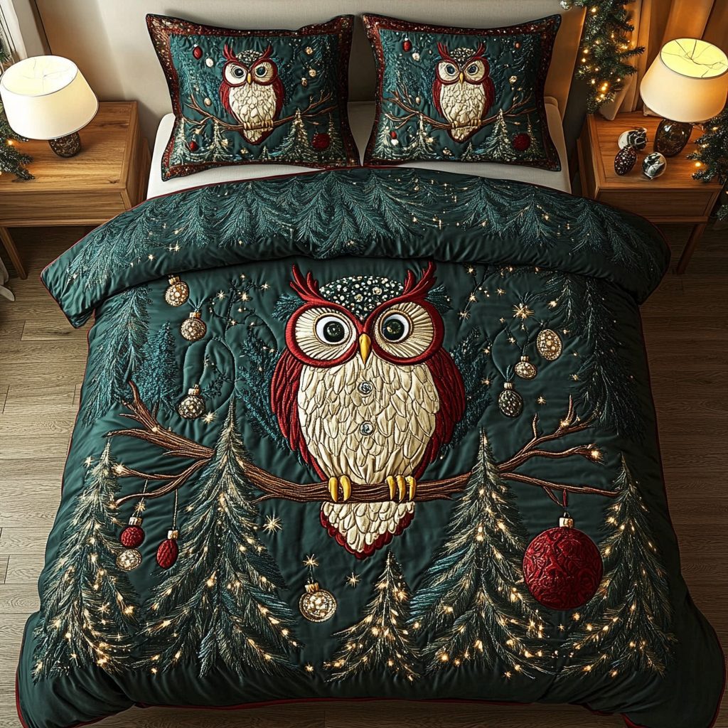Frosted Feathers quilted 3-piece bedding set on a made bed in a winter-styled bedroom