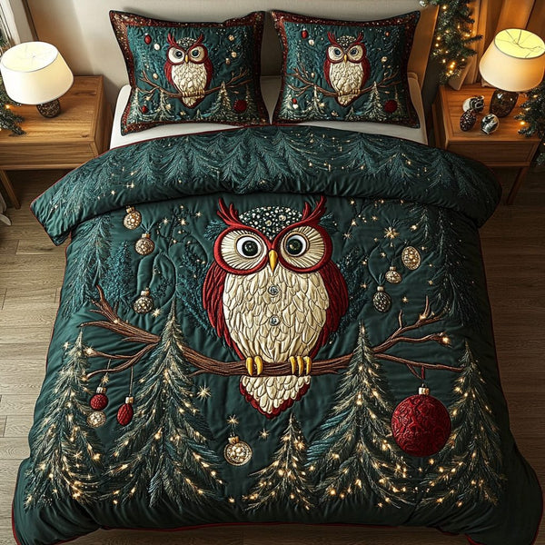 Frosted Feathers quilted 3-piece bedding set on a made bed in a winter-styled bedroom