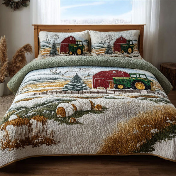 Frosted Fields quilted 3-piece bedding set on a made bed in a winter-styled bedroom