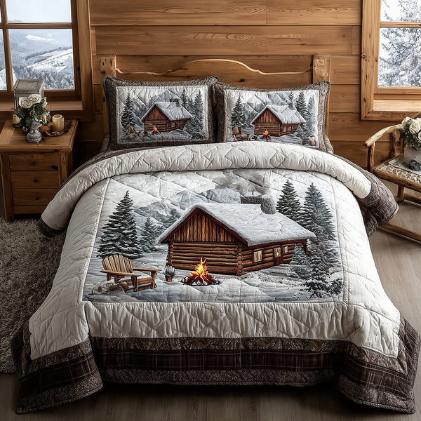 Frosted Fireside Cabin quilted 3-piece bedding set on a made bed in a winter-styled bedroom