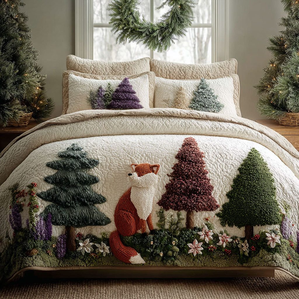 Frosted Forest Lodge quilted 3-piece bedding set on a made bed in a winter-styled bedroom