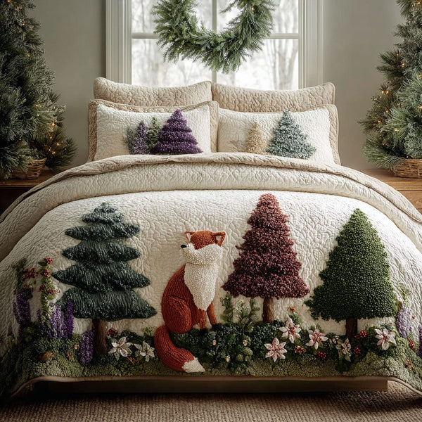 Frosted Forest Lodge quilted 3-piece bedding set on a made bed in a winter-styled bedroom