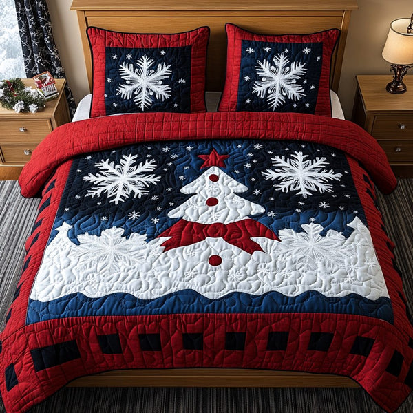 Frosted Forest quilted 3-piece bedding set on a made bed in a winter-styled bedroom