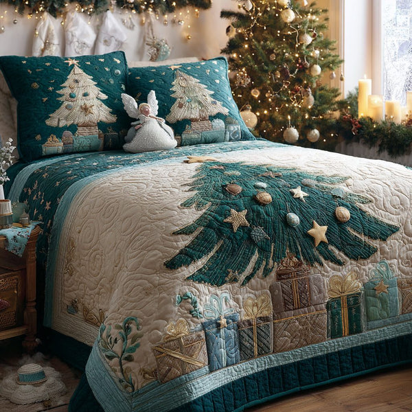 Frosted Forest quilted 3-piece bedding set on a made bed in a winter-styled bedroom