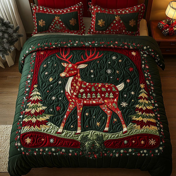 Frosted Forest quilted 3-piece bedding set on a made bed in a winter-styled bedroom