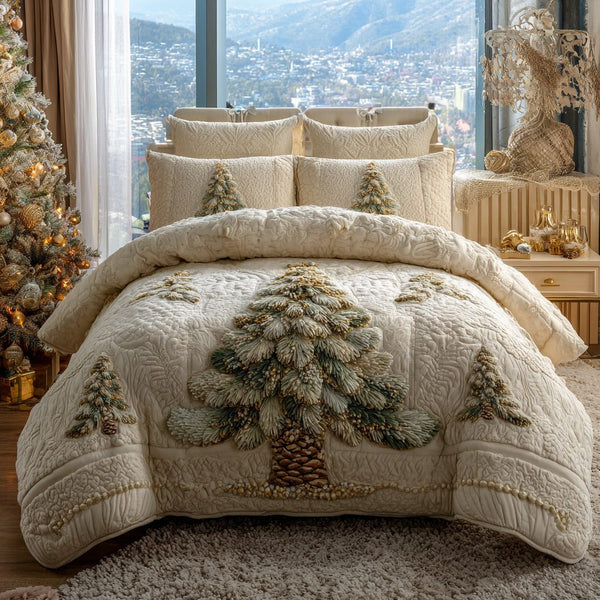 Frosted Haven quilted 3-piece bedding set on a made bed in a winter-styled bedroom