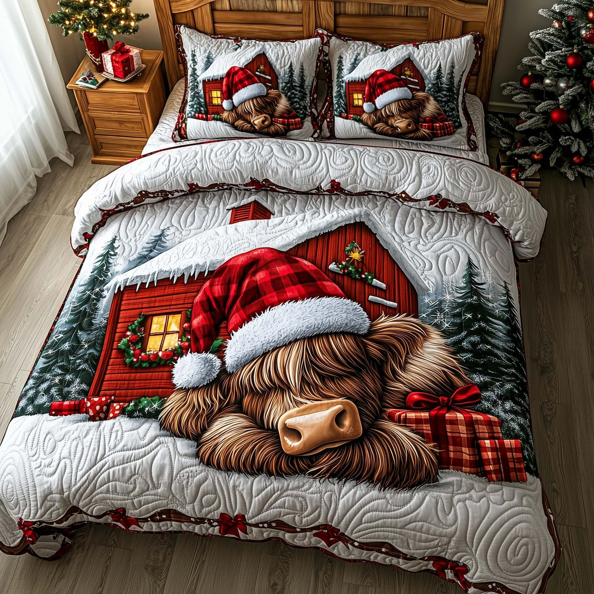 Frosted Homestead quilted 3-piece bedding set on a made bed in a winter-styled bedroom