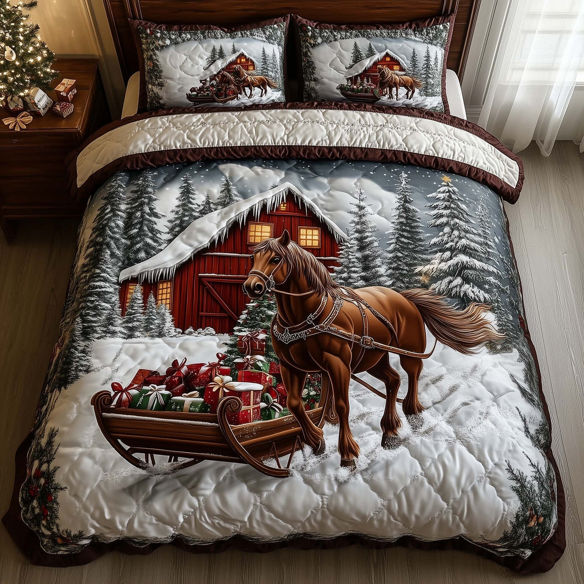 Frosted Homestead quilted 3-piece bedding set on a made bed in a winter-styled bedroom