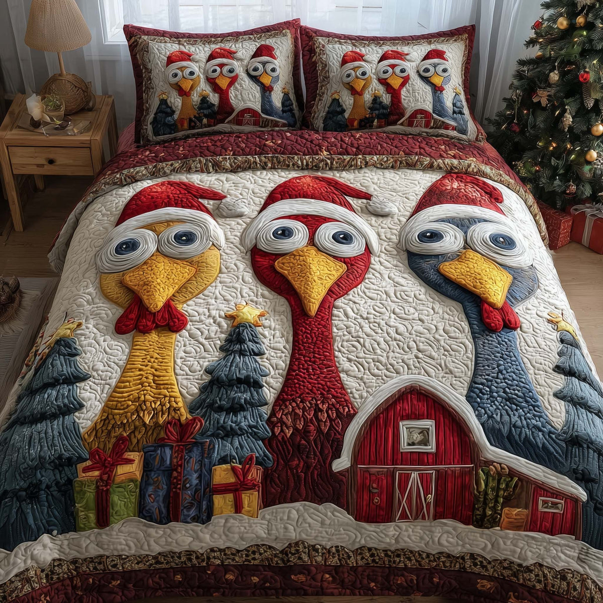 Frosted Homestead quilted 3-piece bedding set on a made bed in a winter-styled bedroom