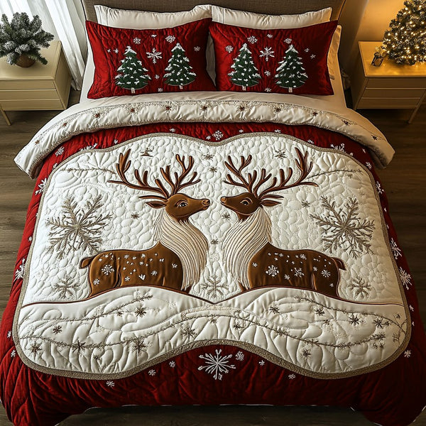 Frosted Hooves quilted 3-piece bedding set on a made bed in a winter-styled bedroom