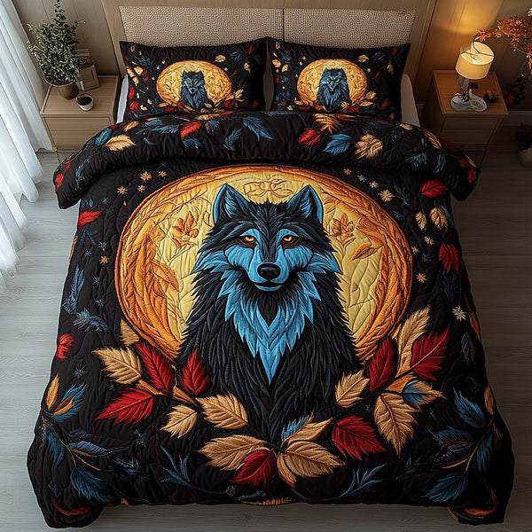 Frosted Howl quilted 3-piece bedding set on a made bed in a winter-styled bedroom