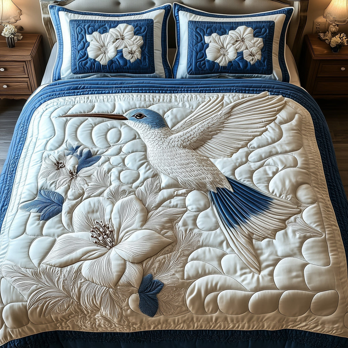 Frosted Hummingbird quilted 3-piece bedding set on a made bed in a winter-styled bedroom