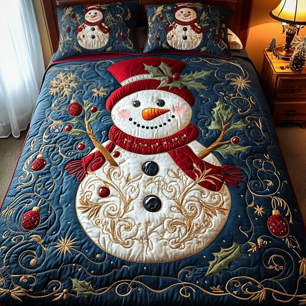 Frosted Joy quilted 3-piece bedding set on a made bed in a winter-styled bedroom