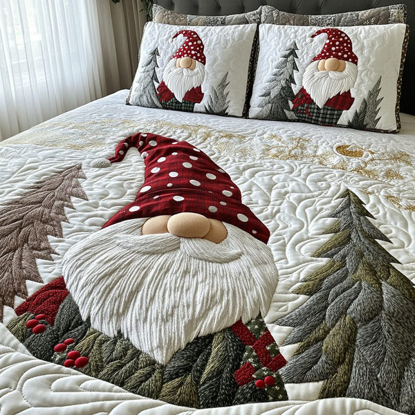 Frosted Joy quilted 3-piece bedding set on a made bed in a winter-styled bedroom