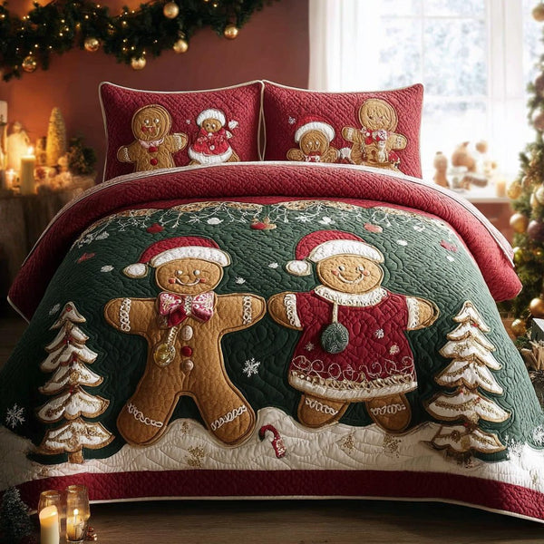 Frosted Joy quilted 3-piece bedding set on a made bed in a winter-styled bedroom