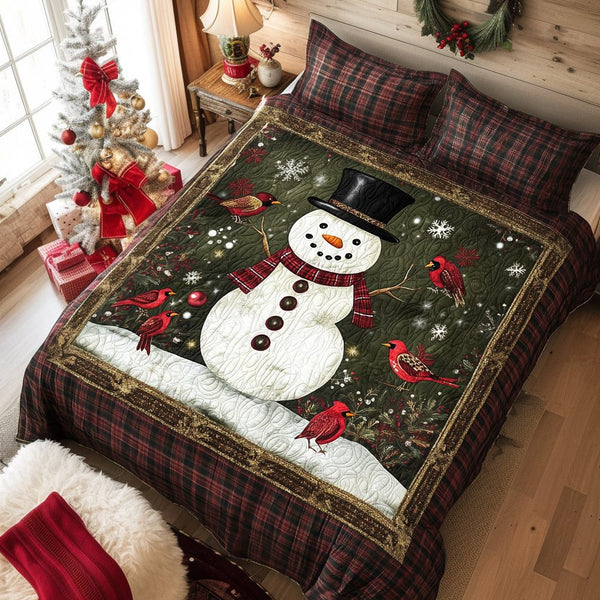Frosted Joy quilted 3-piece bedding set on a made bed in a winter-styled bedroom