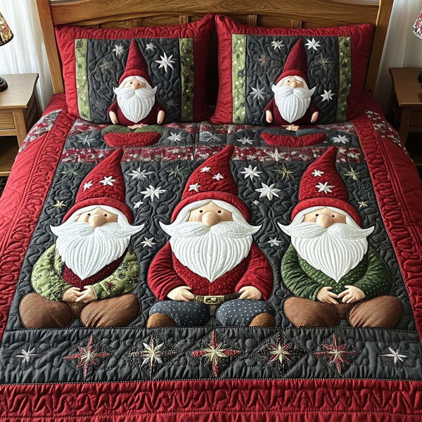 Frosted Joy quilted 3-piece bedding set on a made bed in a winter-styled bedroom
