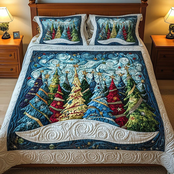 Frosted Joy quilted 3-piece bedding set on a made bed in a winter-styled bedroom