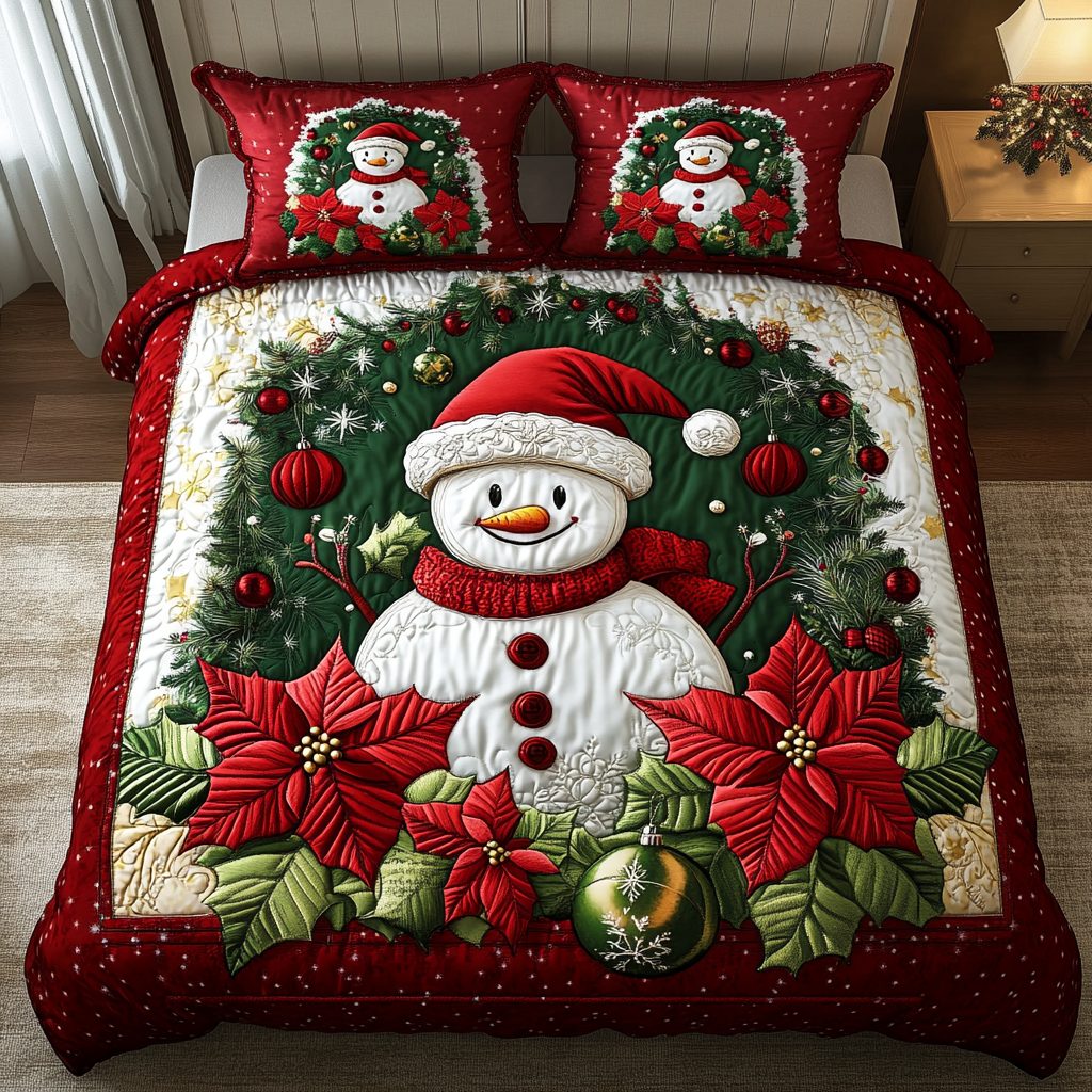 Frosted Joy quilted 3-piece bedding set on a made bed in a winter-styled bedroom