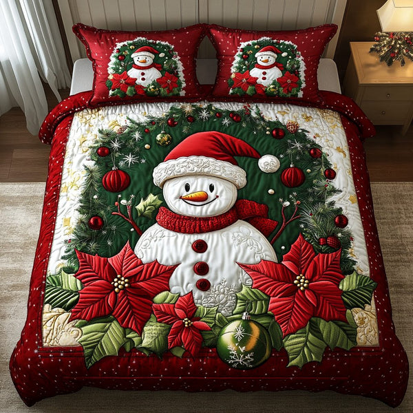 Frosted Joy quilted 3-piece bedding set on a made bed in a winter-styled bedroom