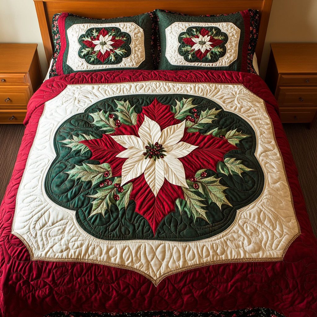 Frosted Magic quilted 3-piece bedding set on a made bed in a winter-styled bedroom