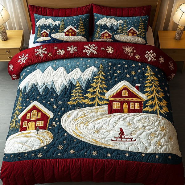 Frosted Pine Valley quilted 3-piece bedding set on a made bed in a winter-styled bedroom