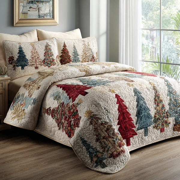 Frosted Pines quilted 3-piece bedding set on a made bed in a winter-styled bedroom