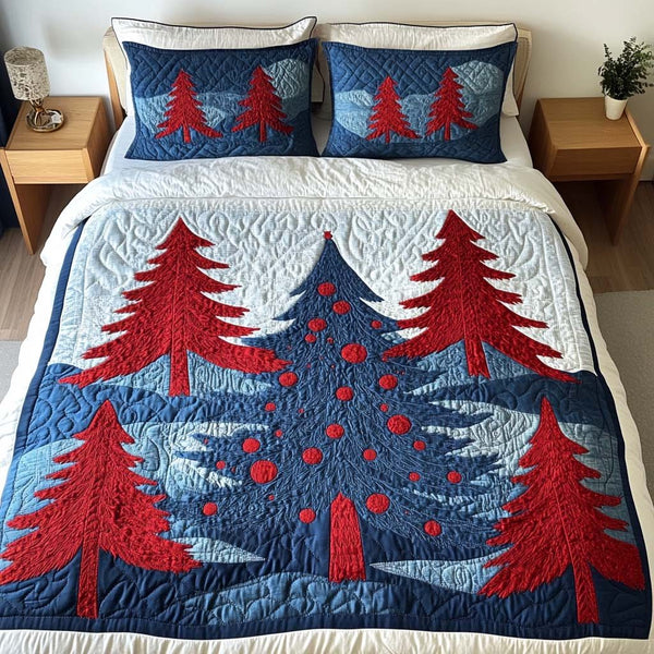 Frosted Pines quilted 3-piece bedding set on a made bed in a winter-styled bedroom