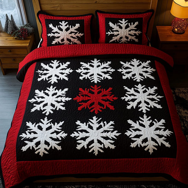Frosted Plaid quilted 3-piece bedding set on a made bed in a winter-styled bedroom