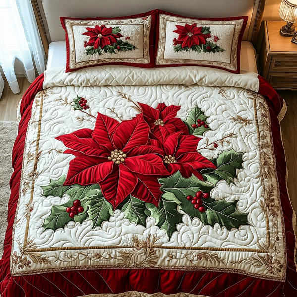 Frosted Poinsettia quilted 3-piece bedding set on a made bed in a winter-styled bedroom