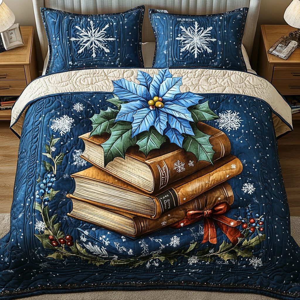 Frosted Reading Tales quilted 3-piece bedding set on a made bed in a winter-styled bedroom