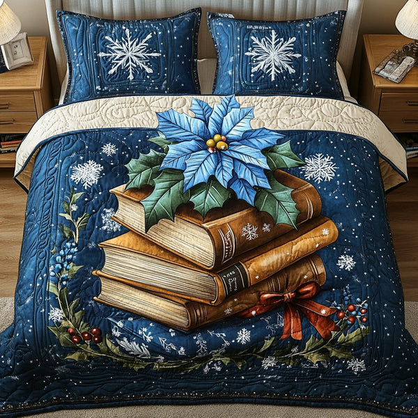 Frosted Reading Tales quilted 3-piece bedding set on a made bed in a winter-styled bedroom
