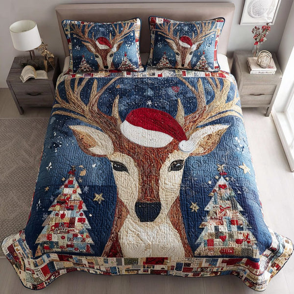 Frosted Reindeer Fantasy quilted 3-piece bedding set on a made bed in a winter-styled bedroom